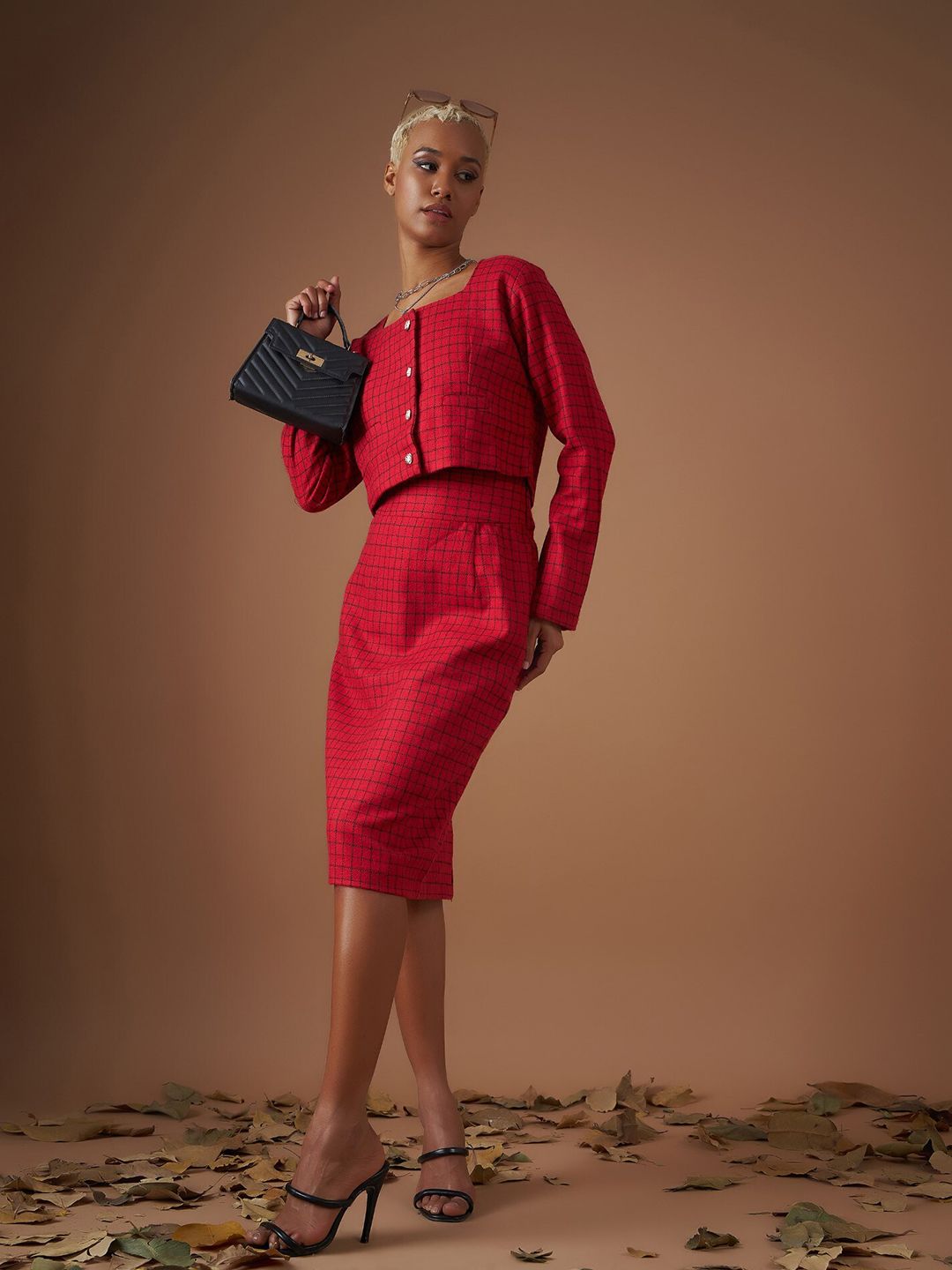 SASSAFRAS Checked Square Neck Jacquard Shirt Style Crop Top