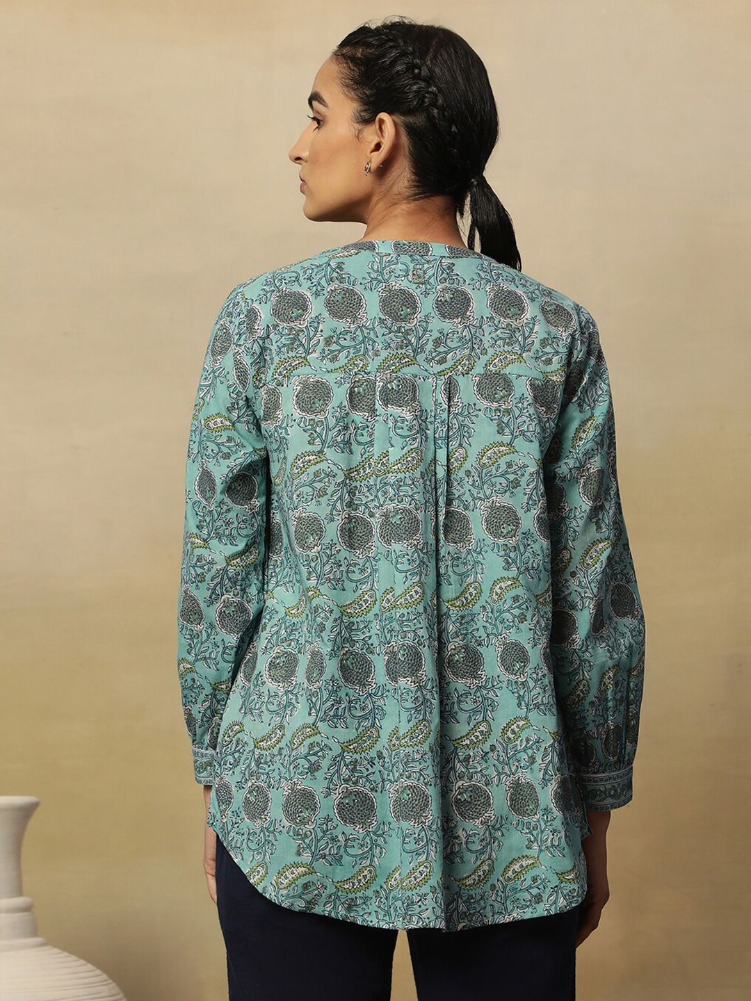 W Blue Floral Printed Mandarin Collar Shirt Style Cotton Top