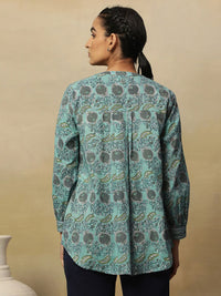 W Blue Floral Printed Mandarin Collar Shirt Style Cotton Top
