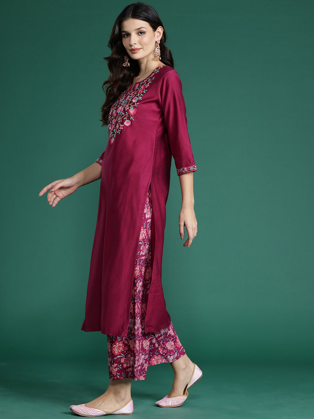 Indo Era Floral Embroidered  Thread Work Kurta With Palazzos & Dupatta