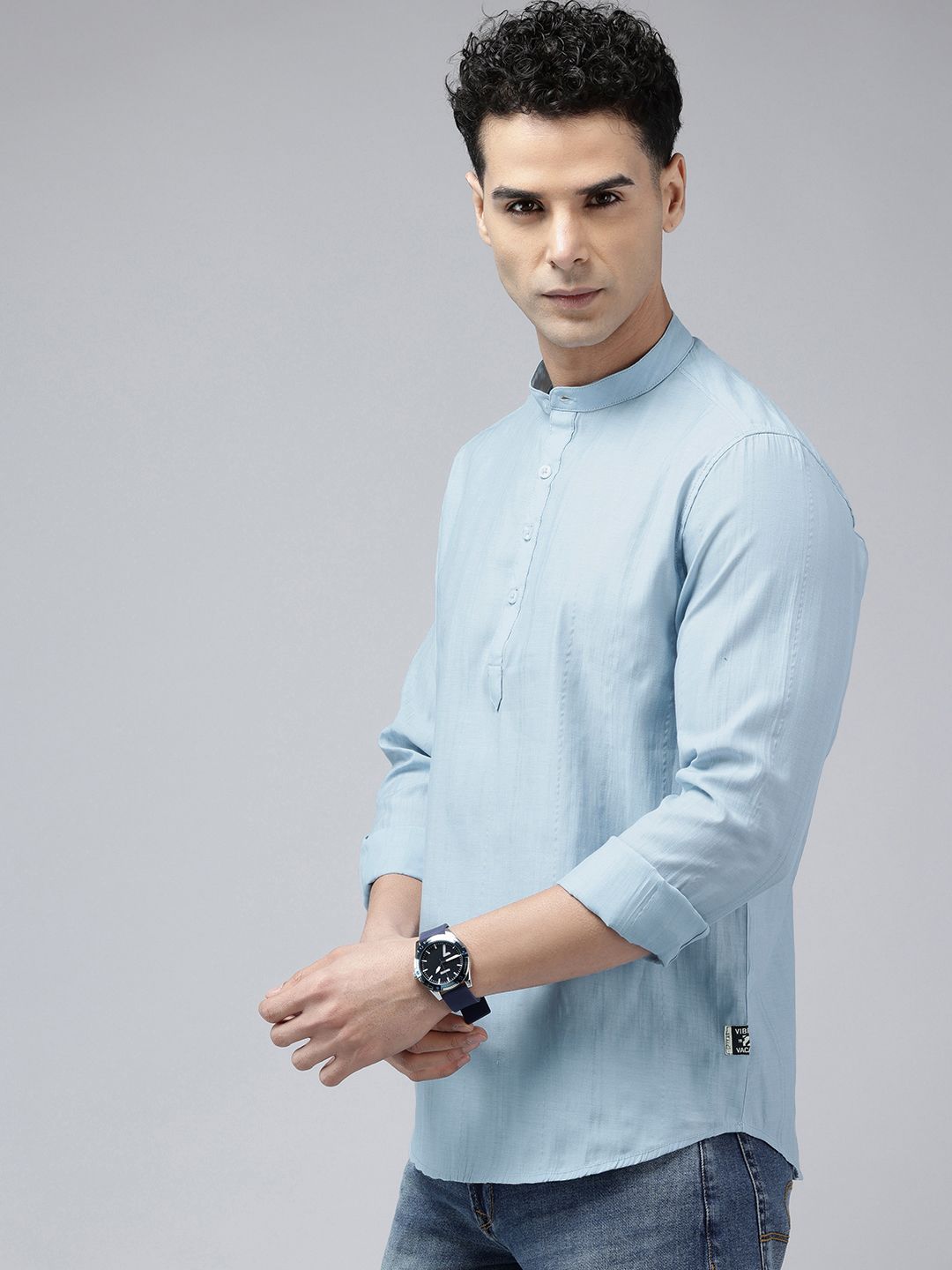 SPYKAR Slim Fit Band Collar Pure Cotton Casual Shirt