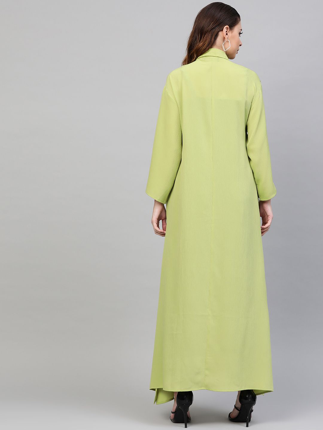 SASSAFRAS Women Fluorescent Green Solid Longline Shirt Style Shrug