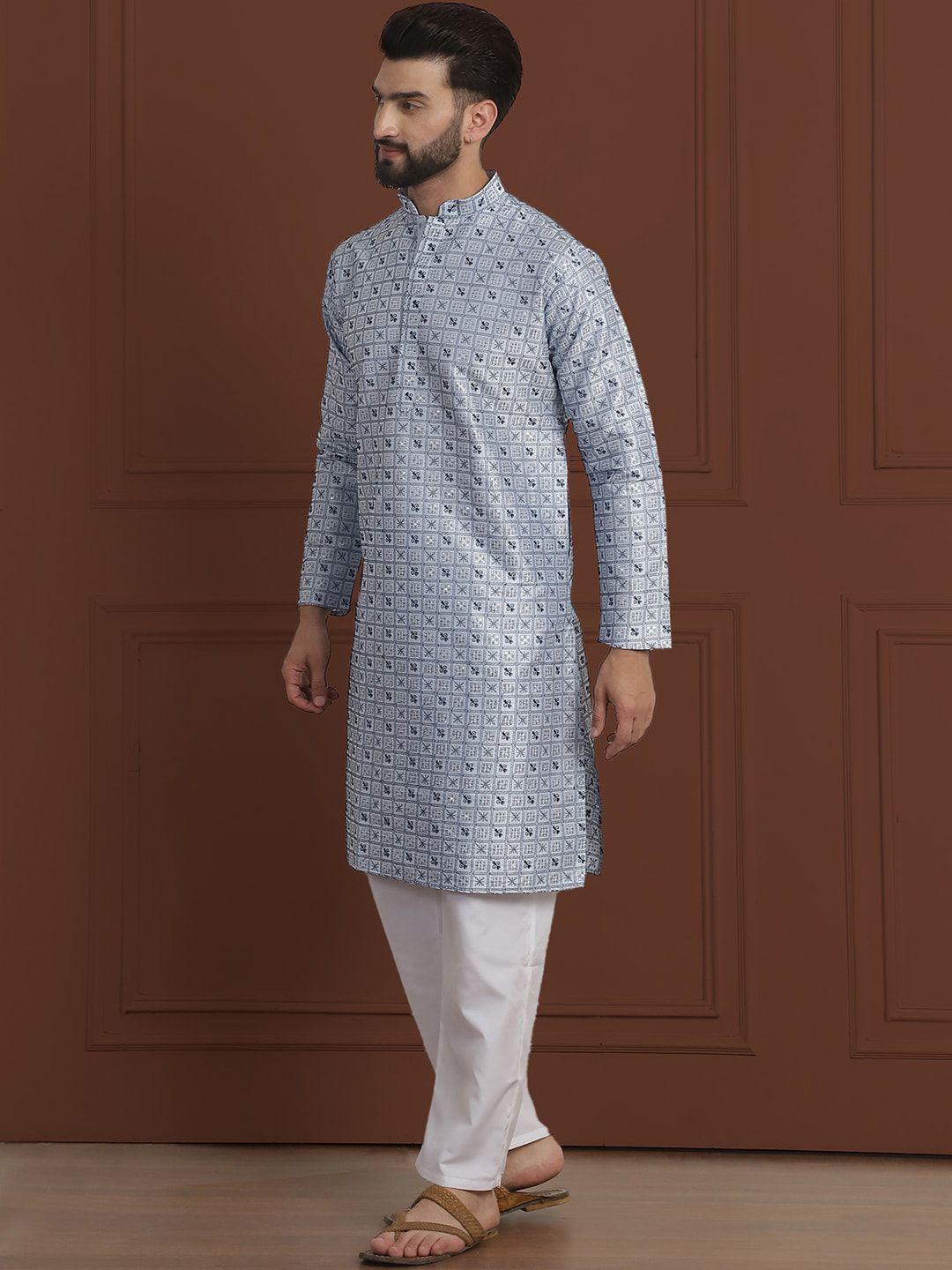 SOJANYA LUXE Ethnic Motifs Embroidered Mandarin Collar Straight Kurta With Pyjama