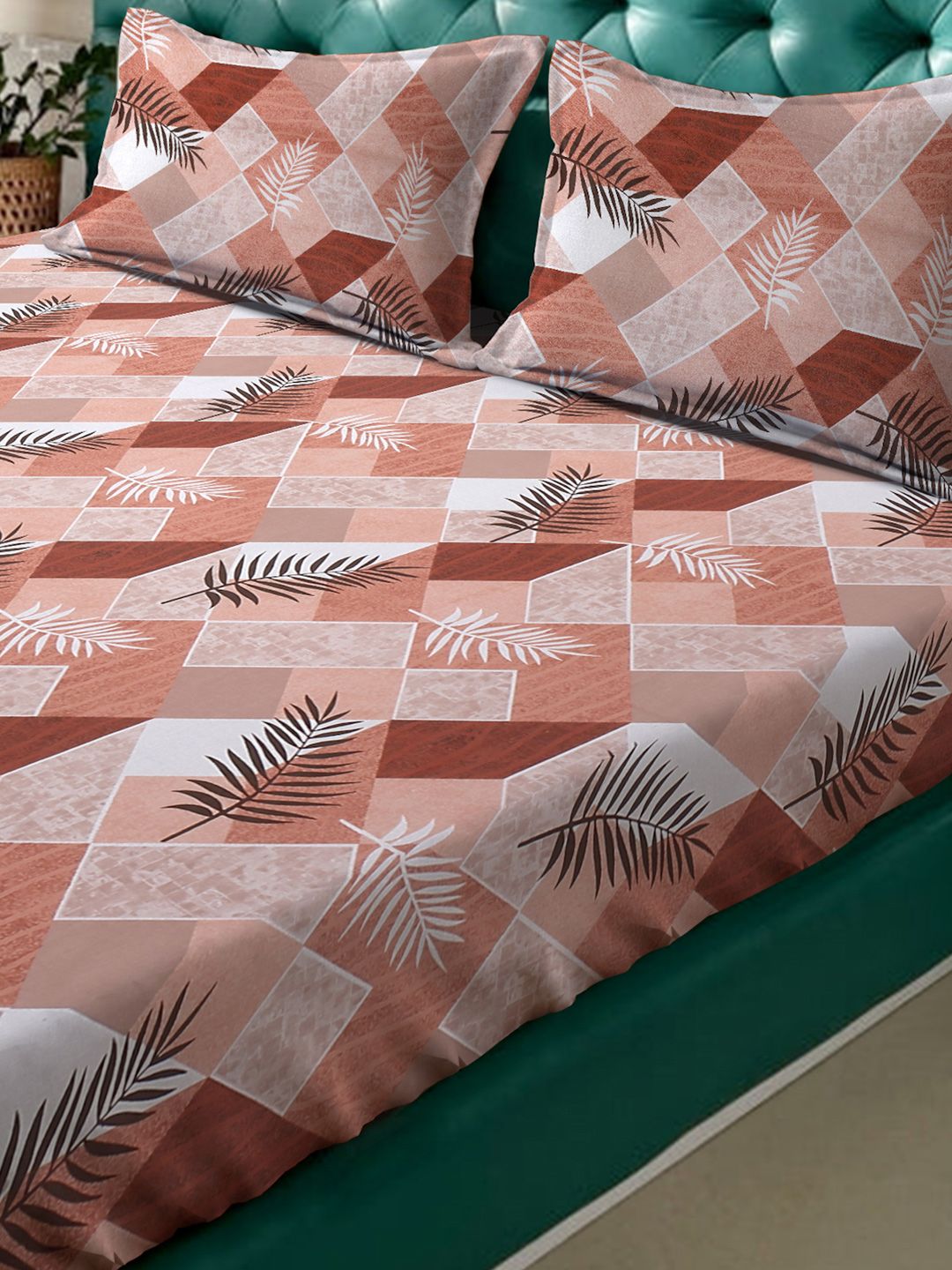 KLOTTHE Rust Leaf Printed Dilengkapi 400 TC Kapas Cadar King & 2 Sarung Bantal