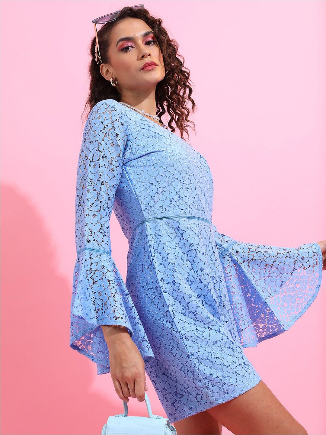 Tokyo Talkies Blue Self Design V-Neck Playsuit