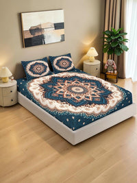 KLOTTHE Blue & Brown Floral 400 TC King Bedsheet with 2 Pillow Covers