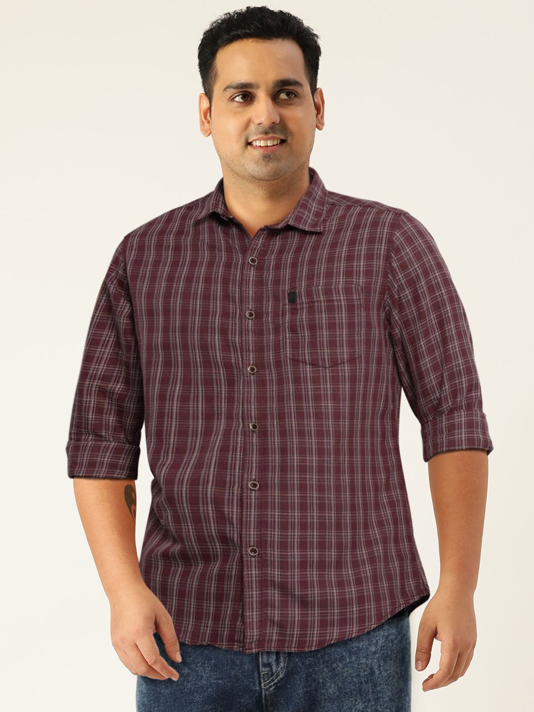 The Indian Garage Co Men Burgundy & Beige Checked Cotton Casual Shirt