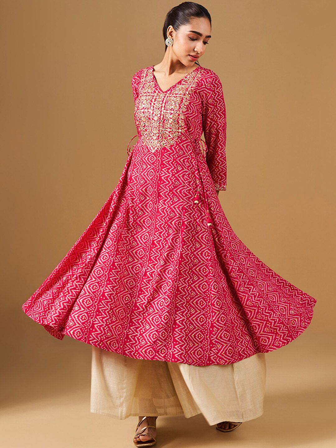 Global Desi Ethnic Motifs Printed Round Neck Mirror Work Anarkali Kurta