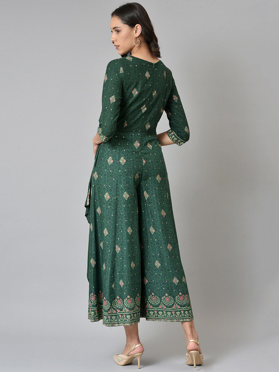 W Women Green Glitter Printed Angrakha Jumpsuit