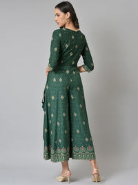 W Women Green Glitter Printed Angrakha Jumpsuit