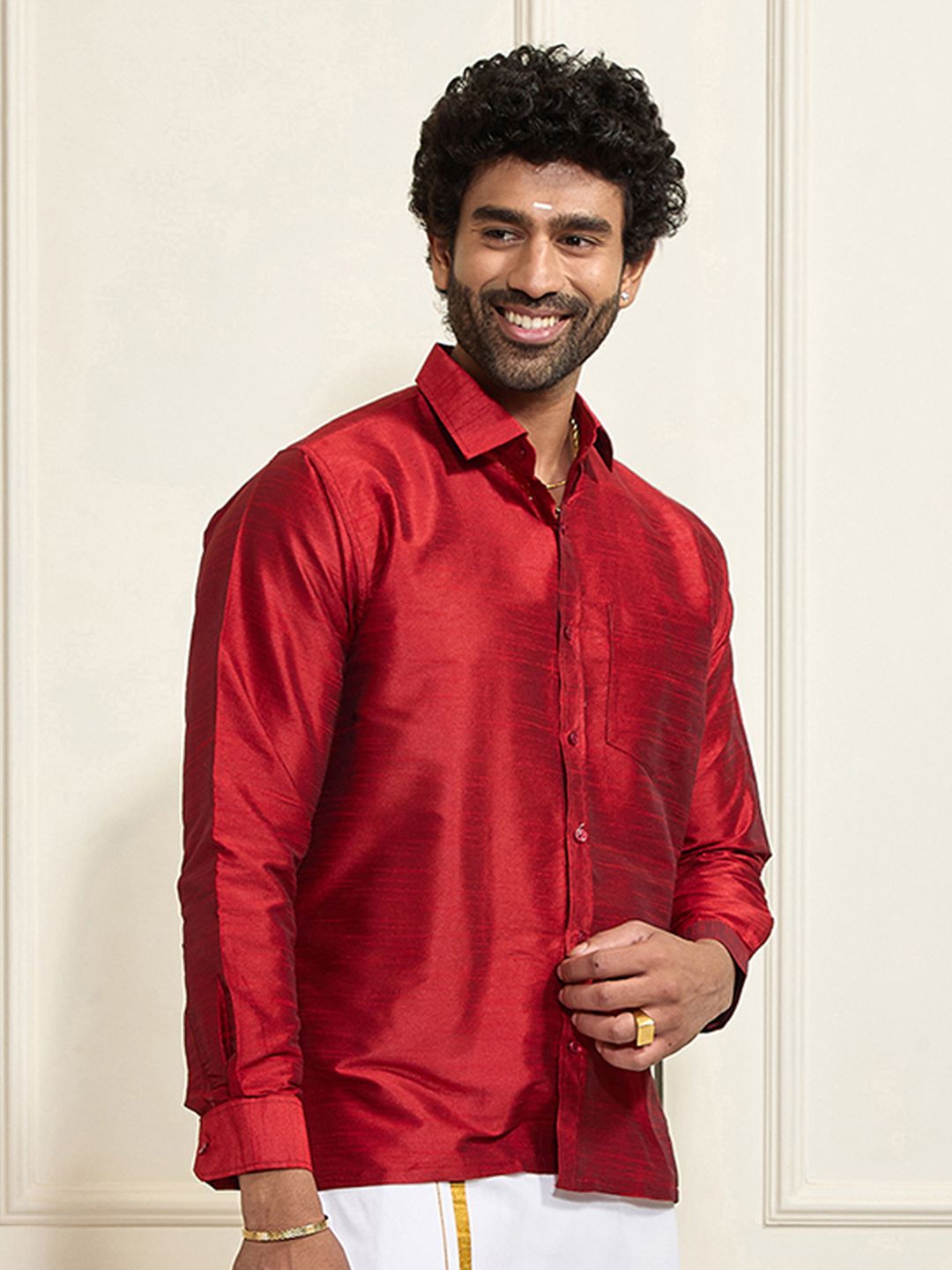 VASTRAMAY Premium Spread Collar Silk Shirt
