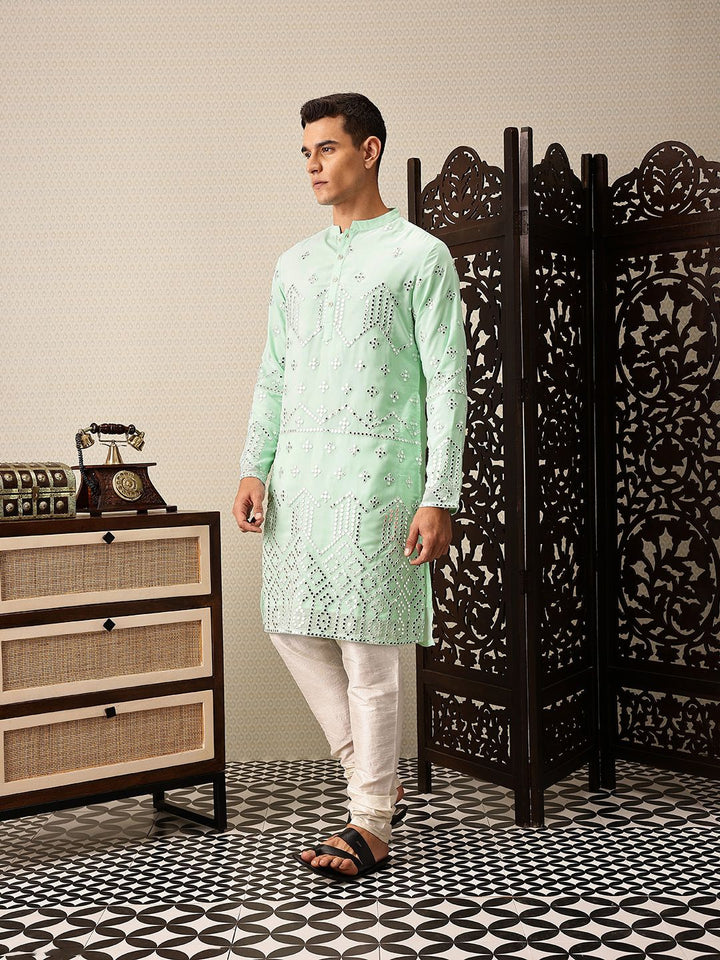 House of Pataudi Embroidered Mandarin Collar Mirror Work Jashn Kurta