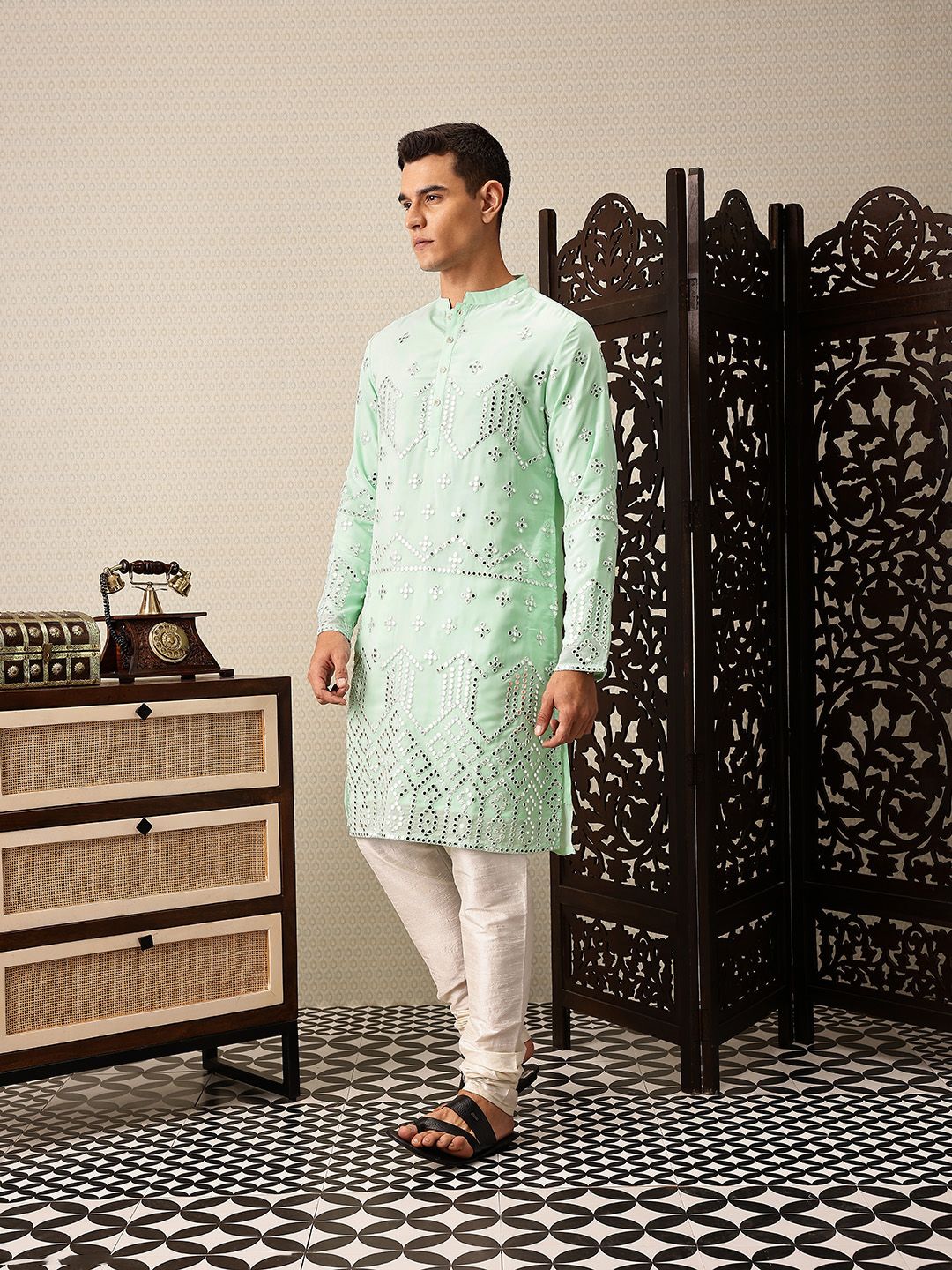 House of Pataudi Embroidered Mandarin Collar Mirror Work Jashn Kurta