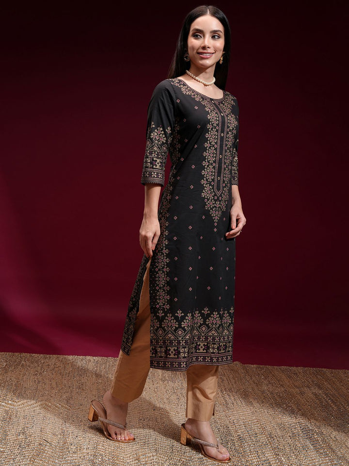 Vishudh Women Black & Golden Printed Straight Kurta