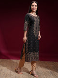 Vishudh Women Black & Golden Printed Straight Kurta