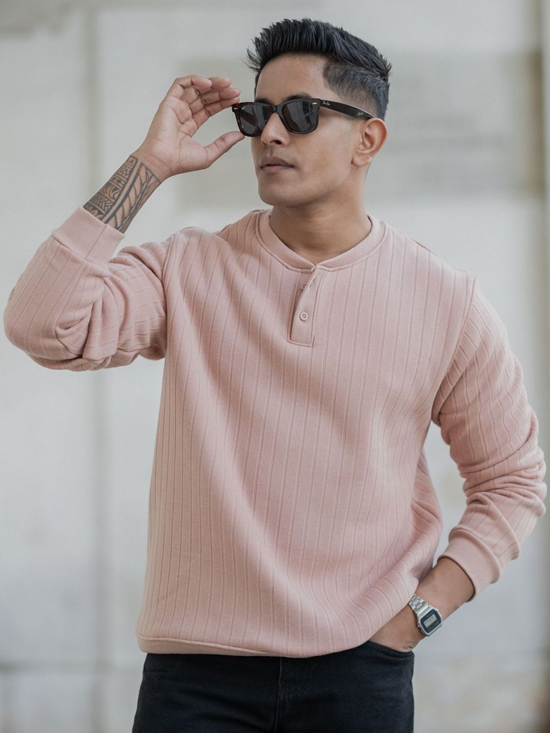 Powerlook Men Self Design Henley Neck Sweatshirt