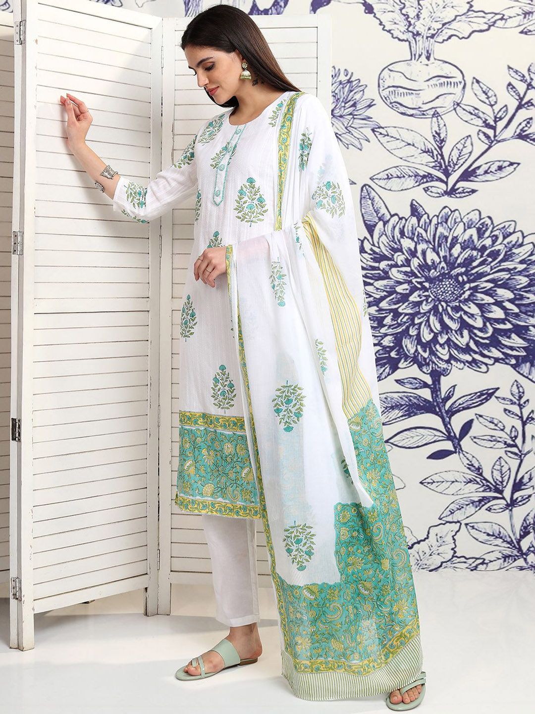 Vishudh White Floral Printed Pure Cotton Straight Kurta With Trousers & Dupatta