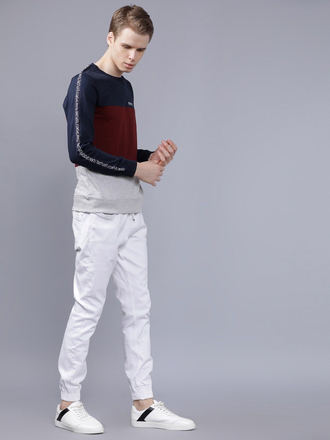 The Indian Garage Co Men Navy Blue & Maroon Colourblocked Hooded Sweatshirt