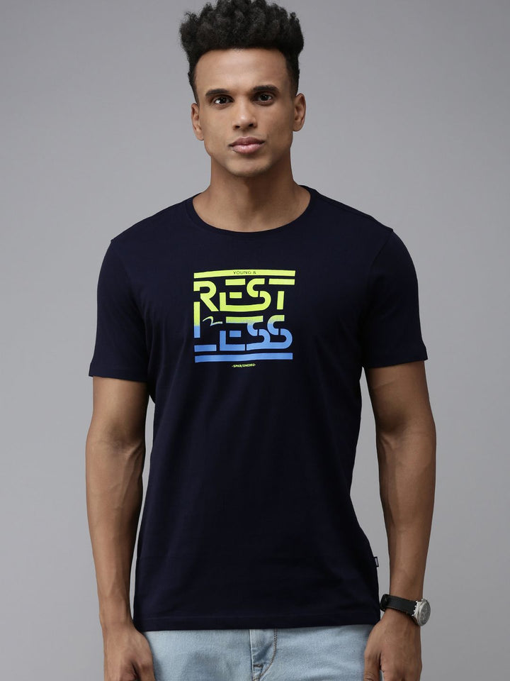 SPYKAR Typography Print Round Neck Knitted Pure Cotton Slim Fit T-shirt
