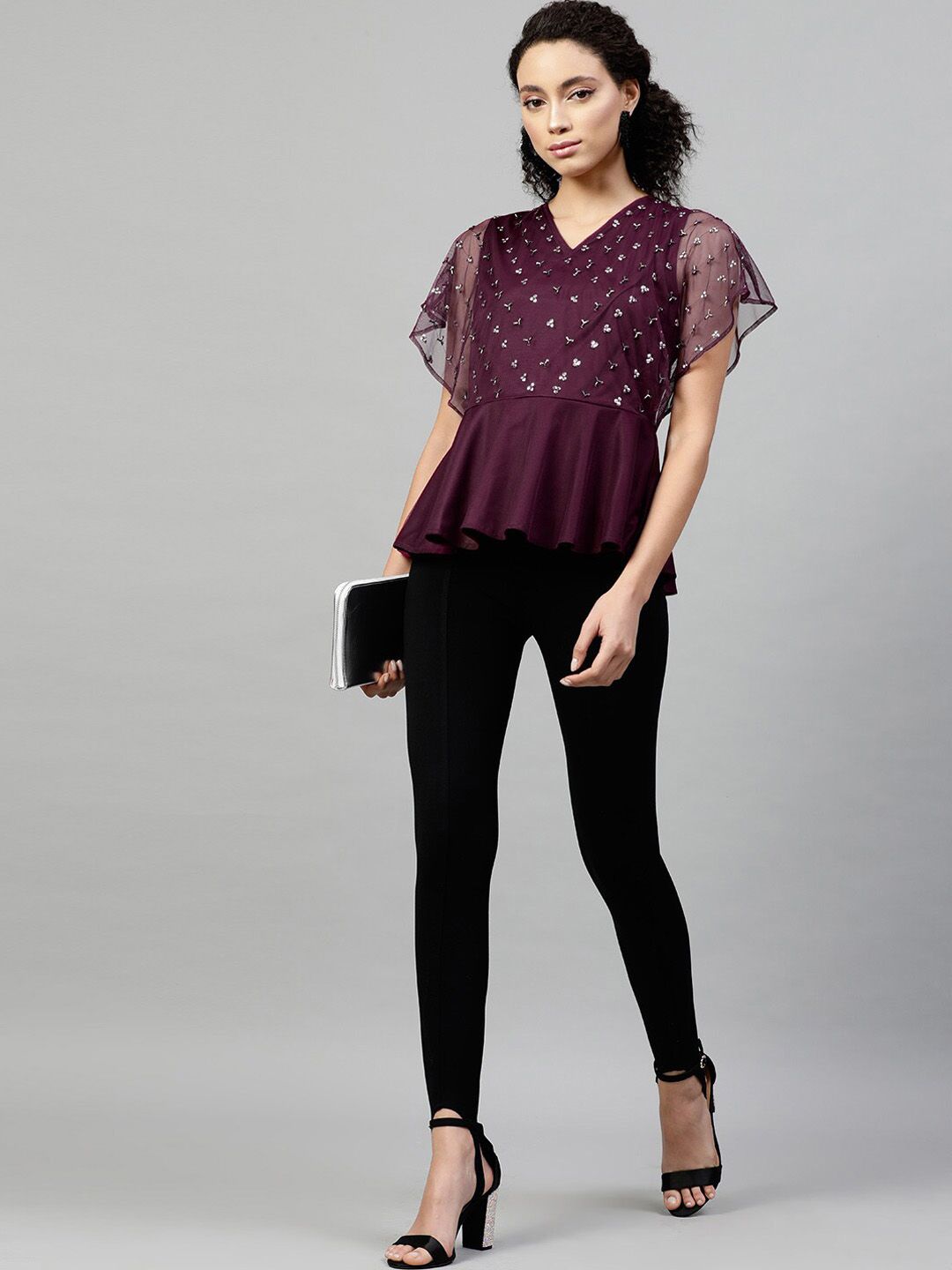STREET 9 Burgundy Embellished Net Peplum Top