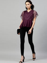 STREET 9 Burgundy Embellished Net Peplum Top