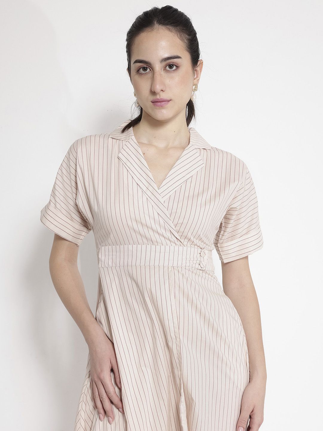 RAREISM Striped Shirt Collar Fit & Flare Dress