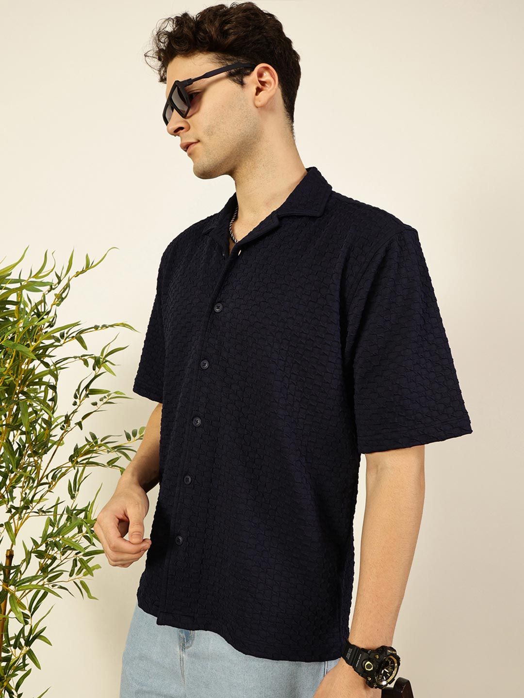Thomas Scott Men Premium Cuban Collar Textured Cotton Relaxed Fit Casual Shirt
