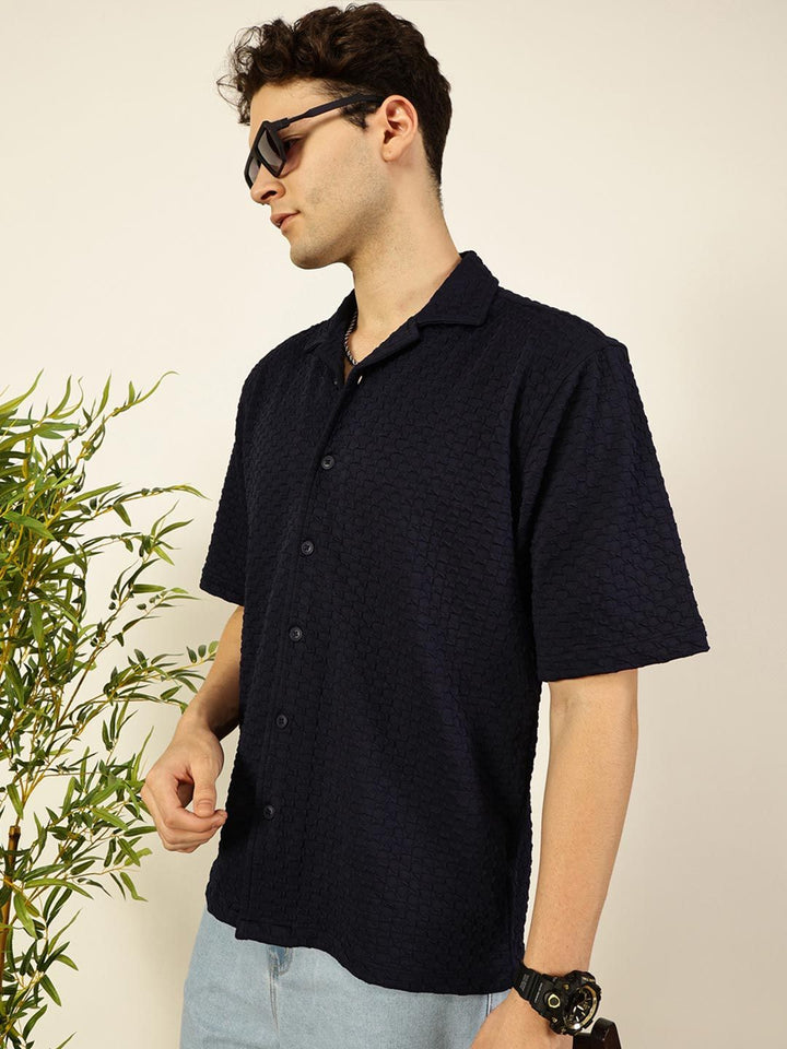 Thomas Scott Men Premium Cuban Collar Textured Cotton Relaxed Fit Casual Shirt