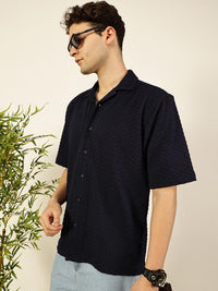 Thomas Scott Men Premium Cuban Collar Textured Cotton Relaxed Fit Casual Shirt