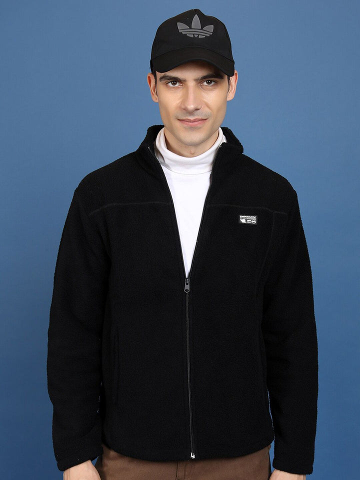 HIGHLANDER Black High Neck Long Sleeves Front-Open Sweatshirt