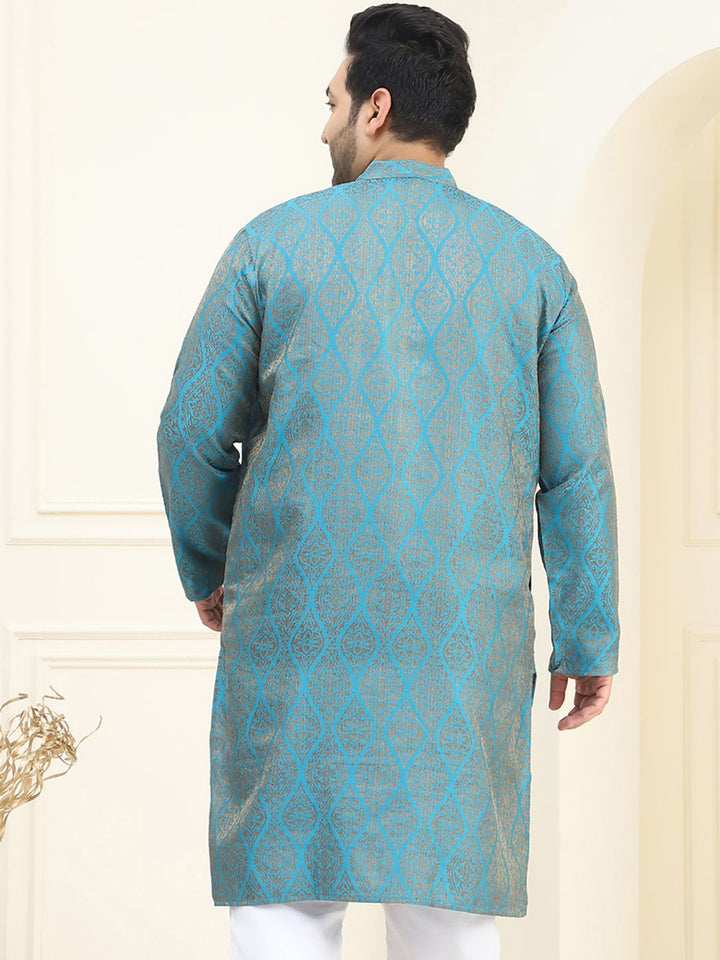 SOJANYA PLUS Men Teal Blue & Golden Ethnic Motifs Jacquard Kurta