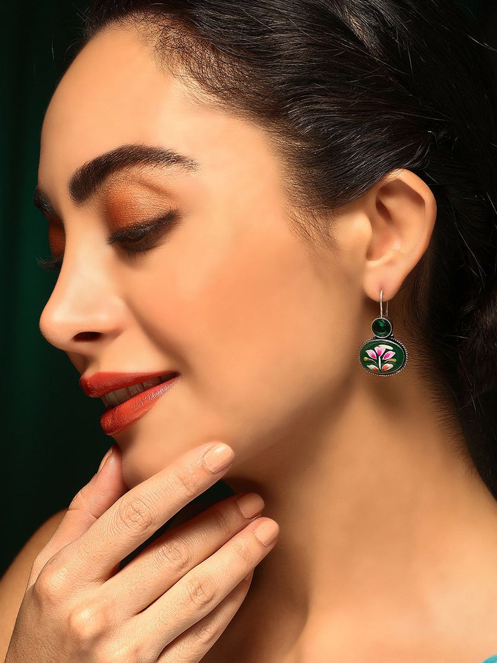 Priyaasi Silver Plated Emarld Stone Studded Oxidized Drop Earrings