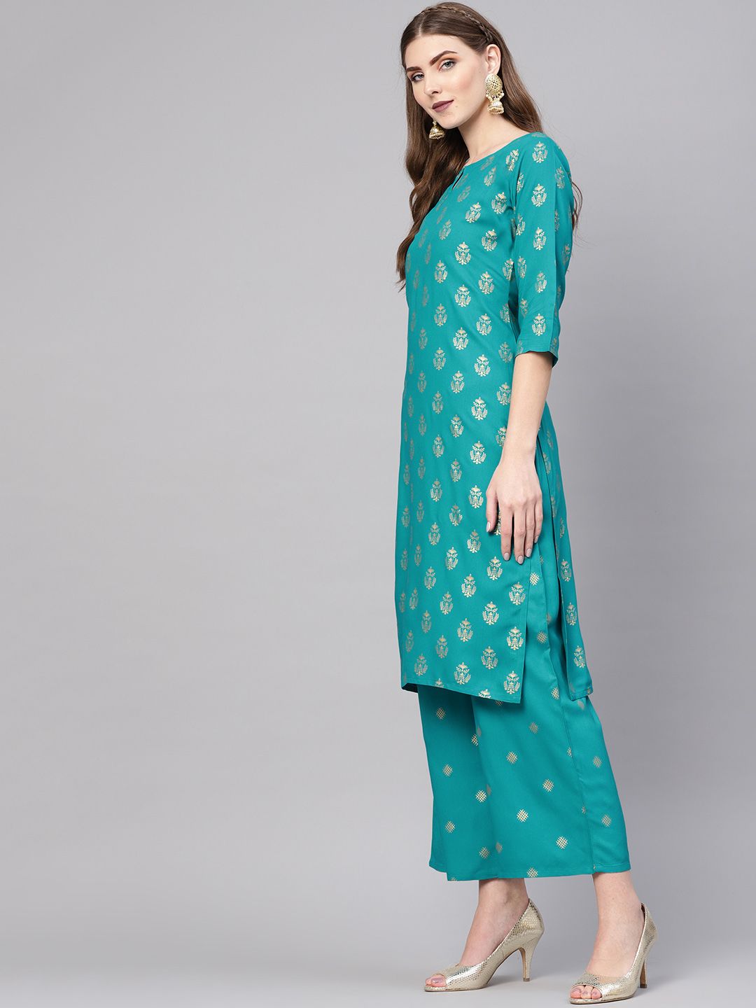 Gerua By Libas Women Blue  Golden Block Print Kurta with Palazzos