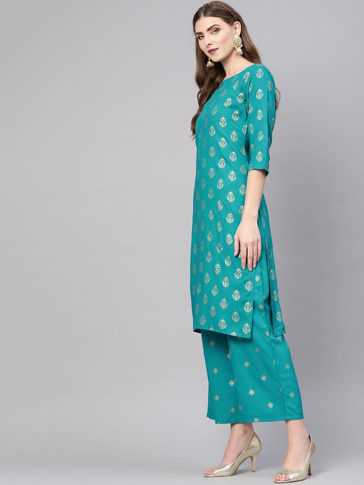 Gerua By Libas Women Blue  Golden Block Print Kurta with Palazzos