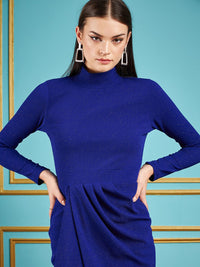 SASSAFRAS Blue Self Design Gathered Detail High Neck Sheath Dress