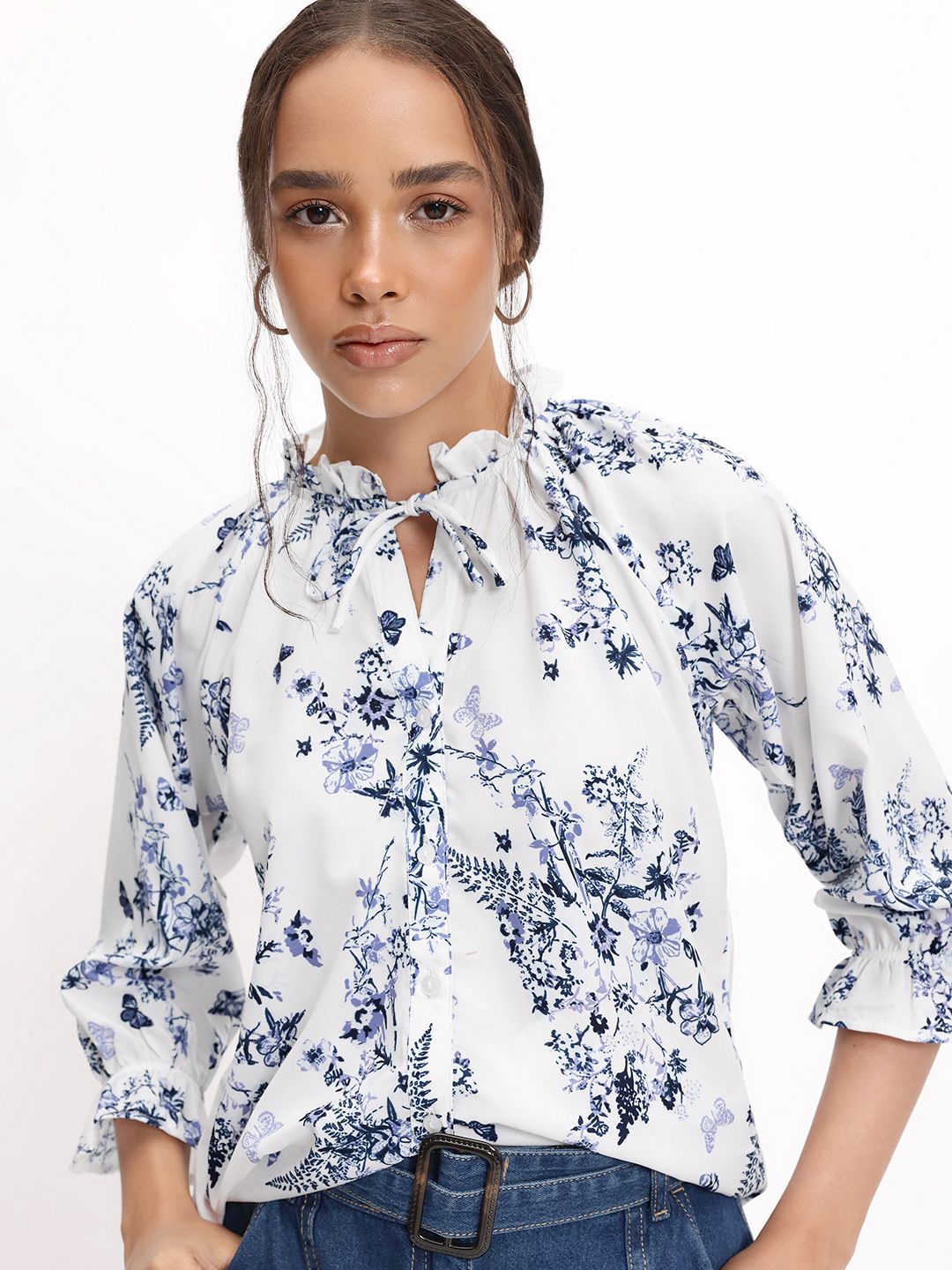 DressBerry Periwinkle Floral Print Shirt Style Top
