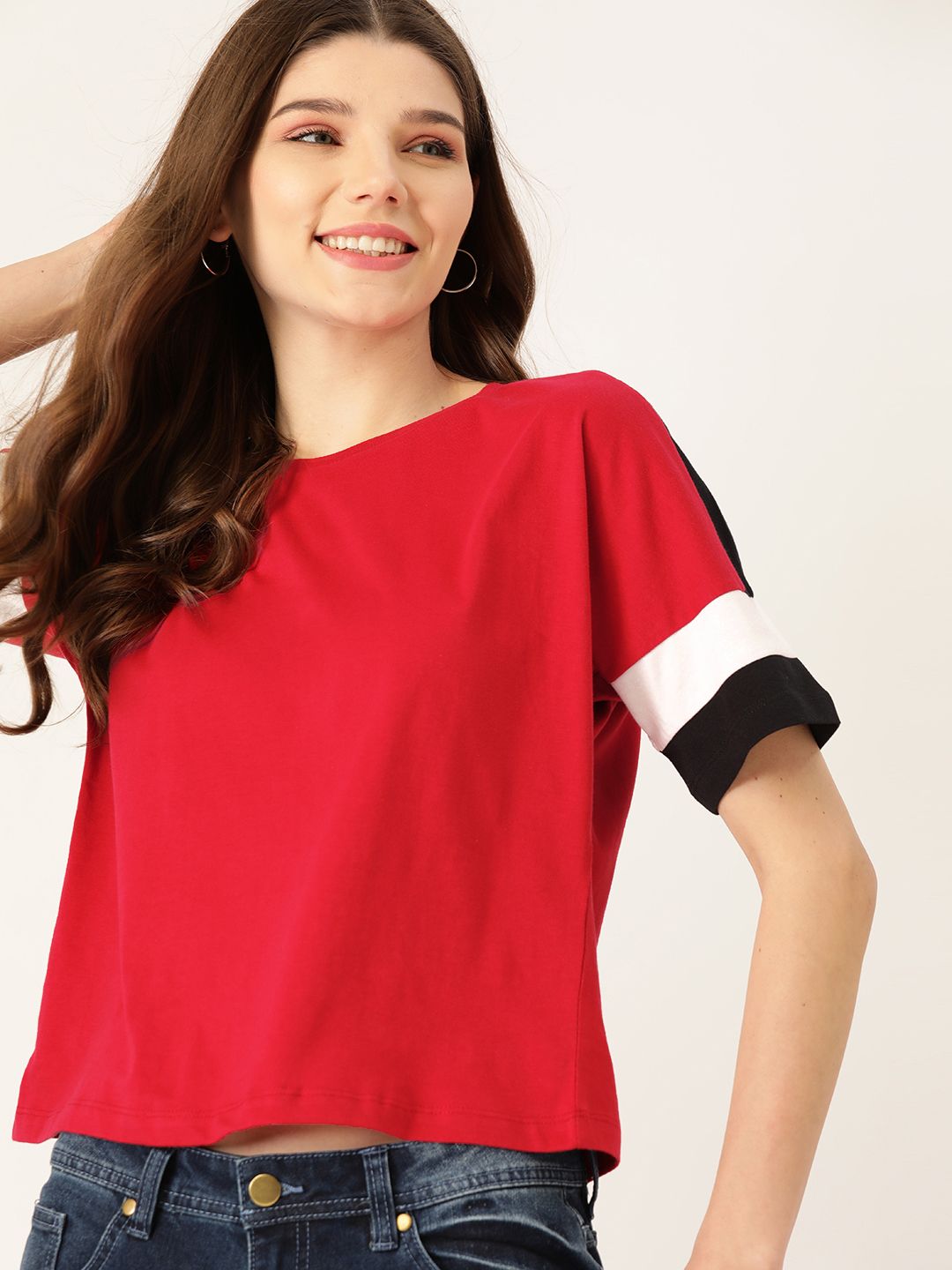 DressBerry Women Red Solid Pure Cotton Round Neck T-shirt
