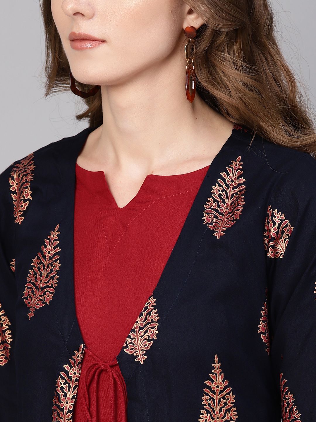 Gerua By Libas Women Maroon  Navy Blue Block Print Layered A-Line Dress