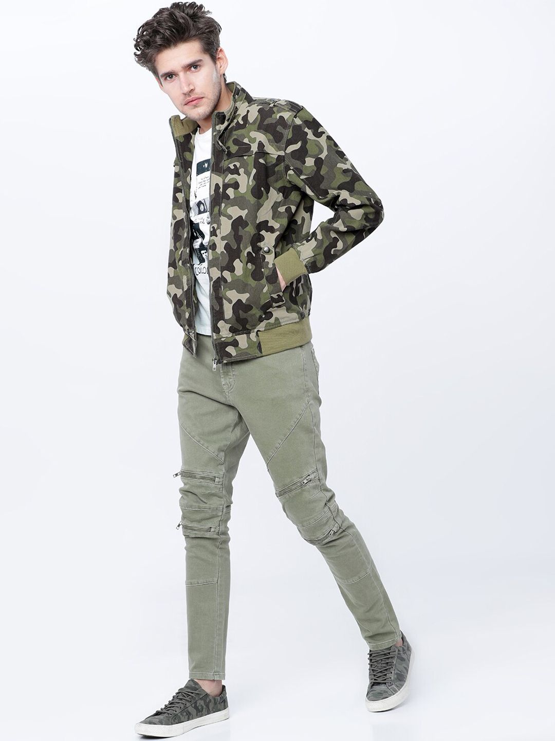 HIGHLANDER Men Olive Green & Beige Camouflage Bomber Jacket