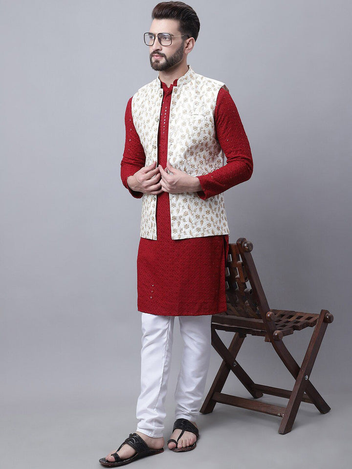 SOJANYA Kurta Kerja Cermin Kapas Tulen Sulam Bunga Lelaki Dengan Piyama & Jaket Nehru
