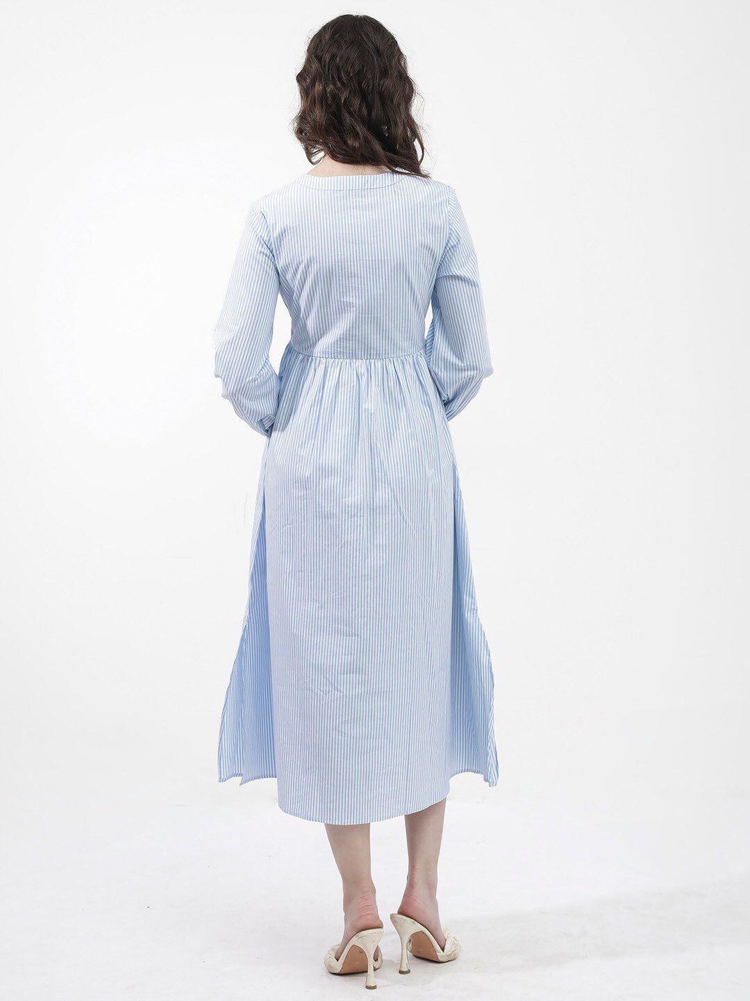 Rareism Striped Fit & Flare Cotton Midi Dress