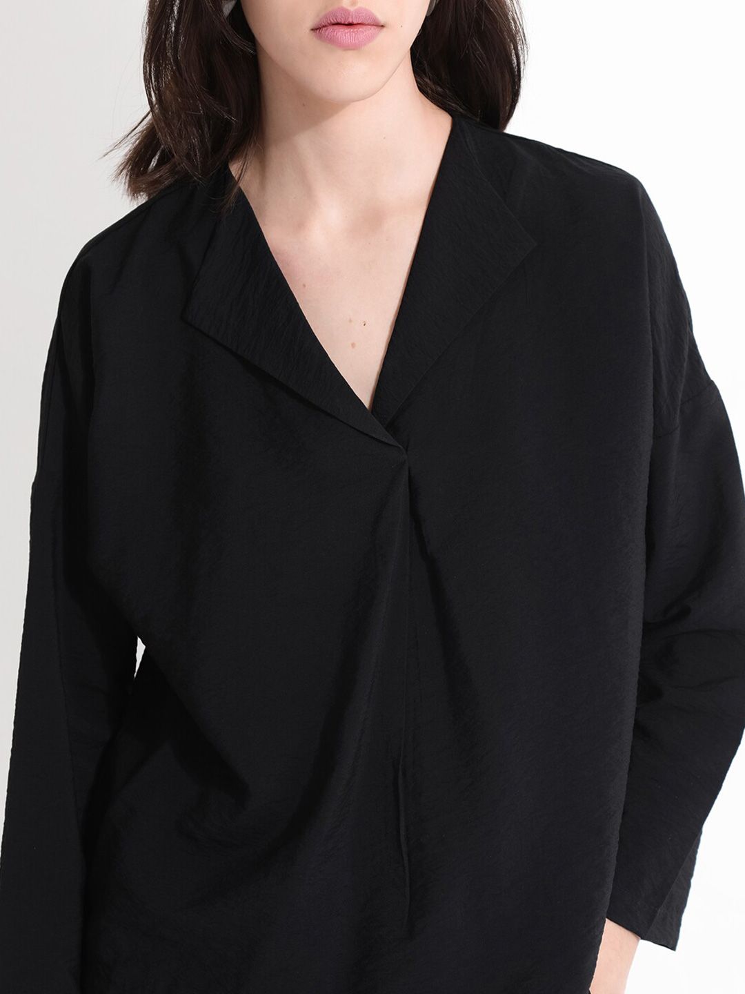 RAREISM Solid Lapel Collar Cotton Top