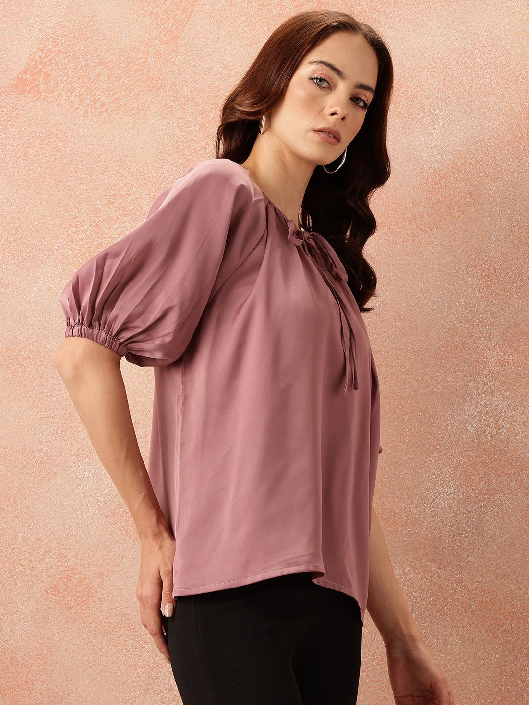 all about you Tie-Up Neck Puff Sleeves Gathered Detail Satin-Finish Top