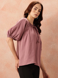 all about you Tie-Up Neck Puff Sleeves Gathered Detail Satin-Finish Top