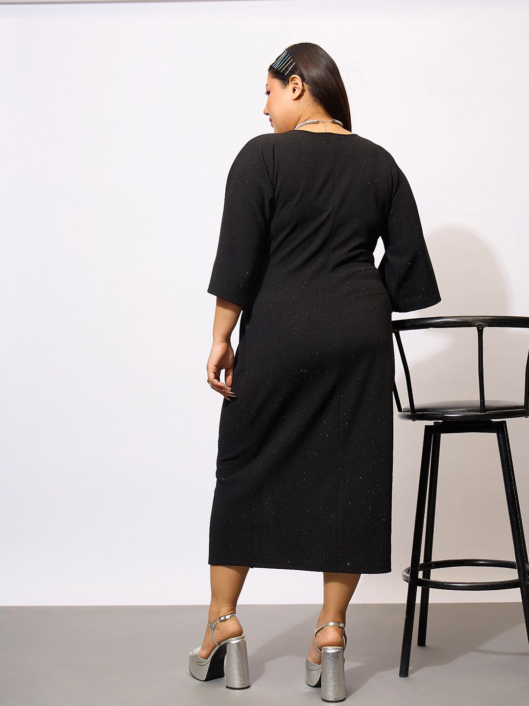 SASSAFRAS Curve Plus Size Black Glitter V-Neck Knot Sheath Midi Dress