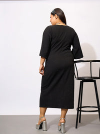 SASSAFRAS Curve Plus Size Black Glitter V-Neck Knot Sheath Midi Dress