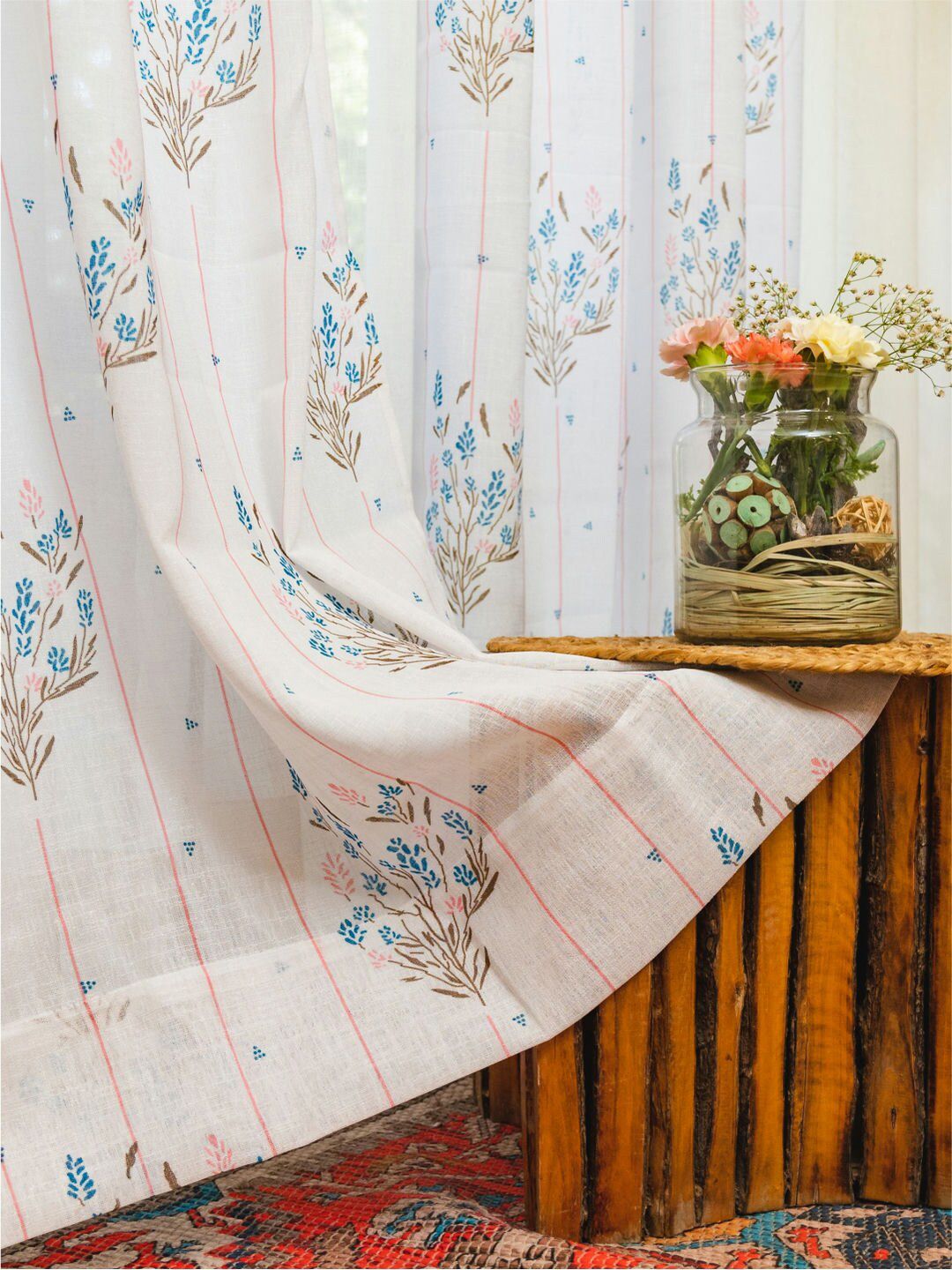 URBAN SPACE White & Blue 2 Pieces Floral Sheer Window Curtains