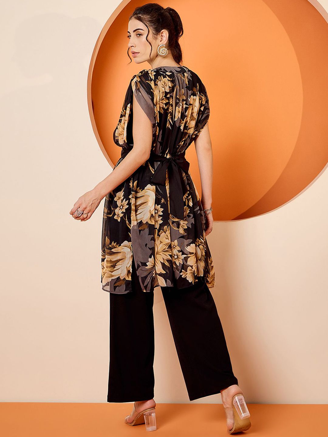 Antheaa Black Floral Embellished Round Neck Top With Trousers