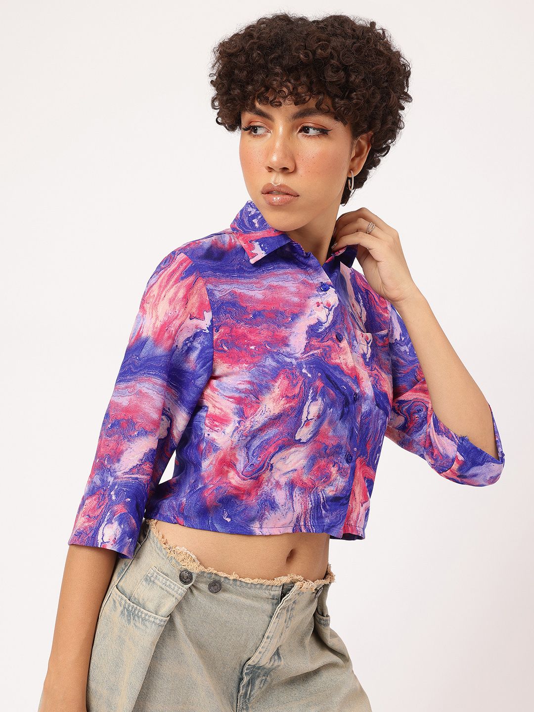 DressBerry Abstract Print Chest Pocket Crop Shirt