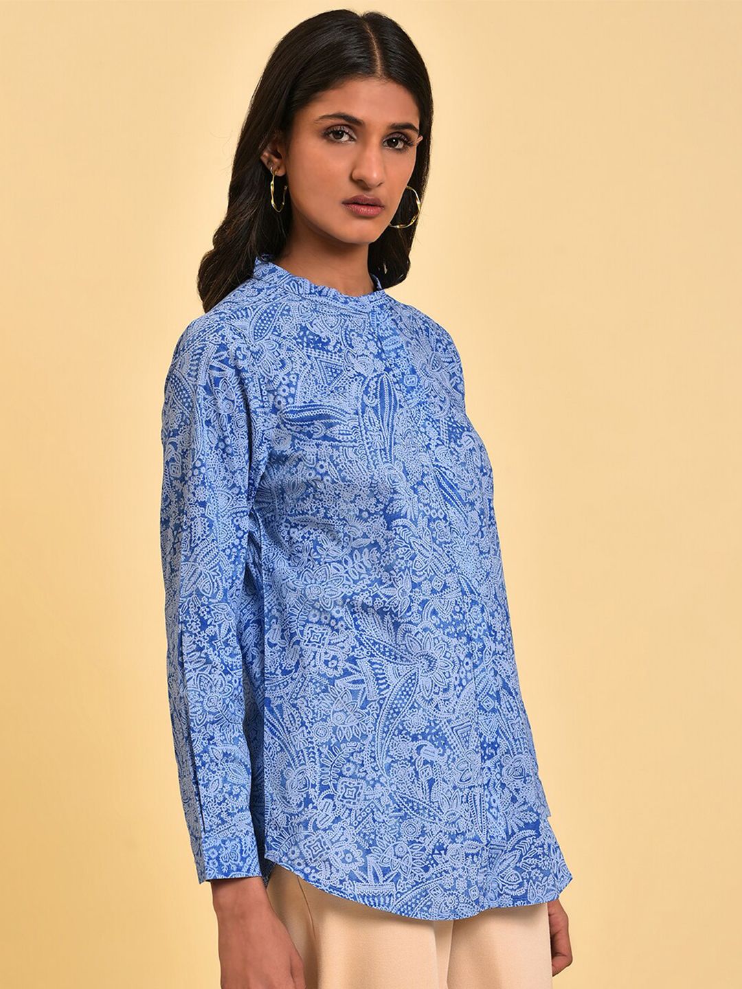 W Blue Floral Printed Mandarin Collar Pure Cotton Shirt Style Top